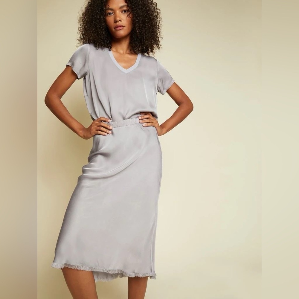 Nation LTD June Sateen V Neck Tee ,Mabel Bias Cut Luxe Sateen Midi Skirt Silver